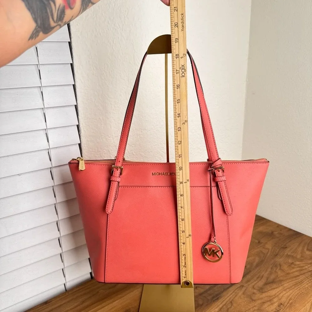 Michael Kors Ciara Large East West Top Zip Tote Saffiano Leather Coral Pink